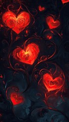 Photo wallpaper, featuring glowing red hearts with roses and swirls, set against a dark background