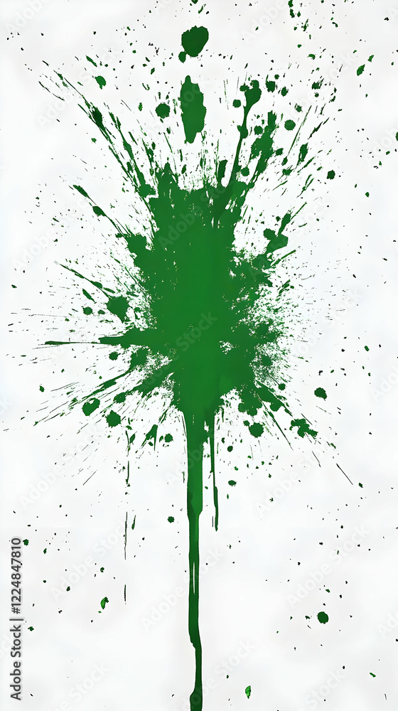 Poster green paint splatter explodes and drips dynamically on white background with abstract art