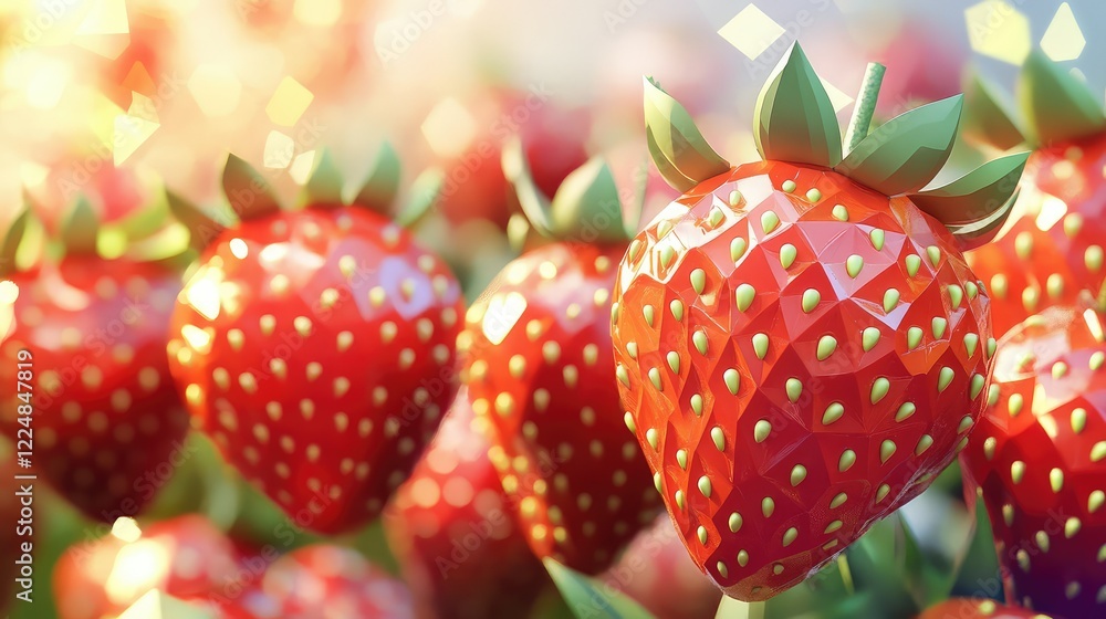 Poster vibrant and glossy strawberries with geometric patterns in a lush garden setting under bright sunlig