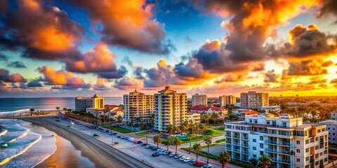 Fototapeta premium Oceanside Sunset: Tilt-Shift Puffy Clouds Over Waterfront Buildings