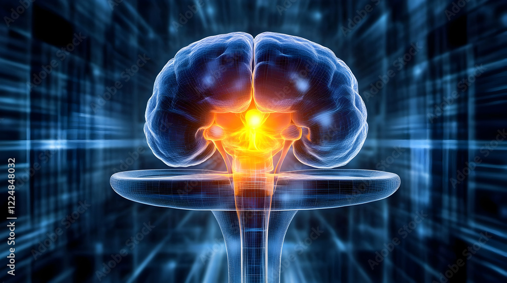 Aufkleber 3d wireframe brain model emits light from brainstem in abstract digital space