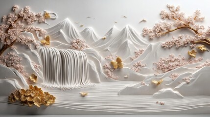 Majestic mountains and golden cherry blossoms in artwork