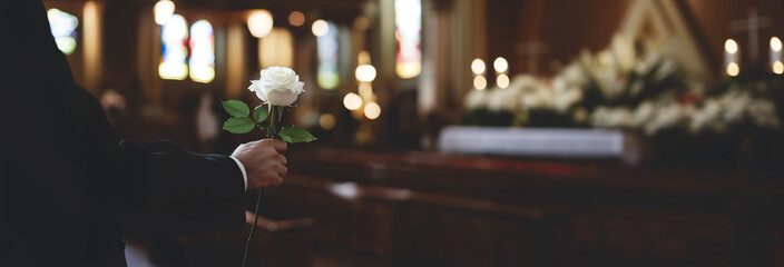 Man in mourning suit holding white rose against background of church service, funeral service. Template banner loss, grief and mourning. Funeral services advertisement, copyspace