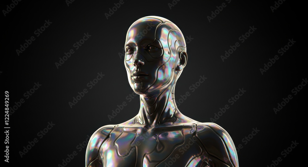 Poster futuristic iridescent robot with metallic surface against dark background