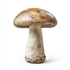 Single mushroom, brown cap, thick white stem, isolated.