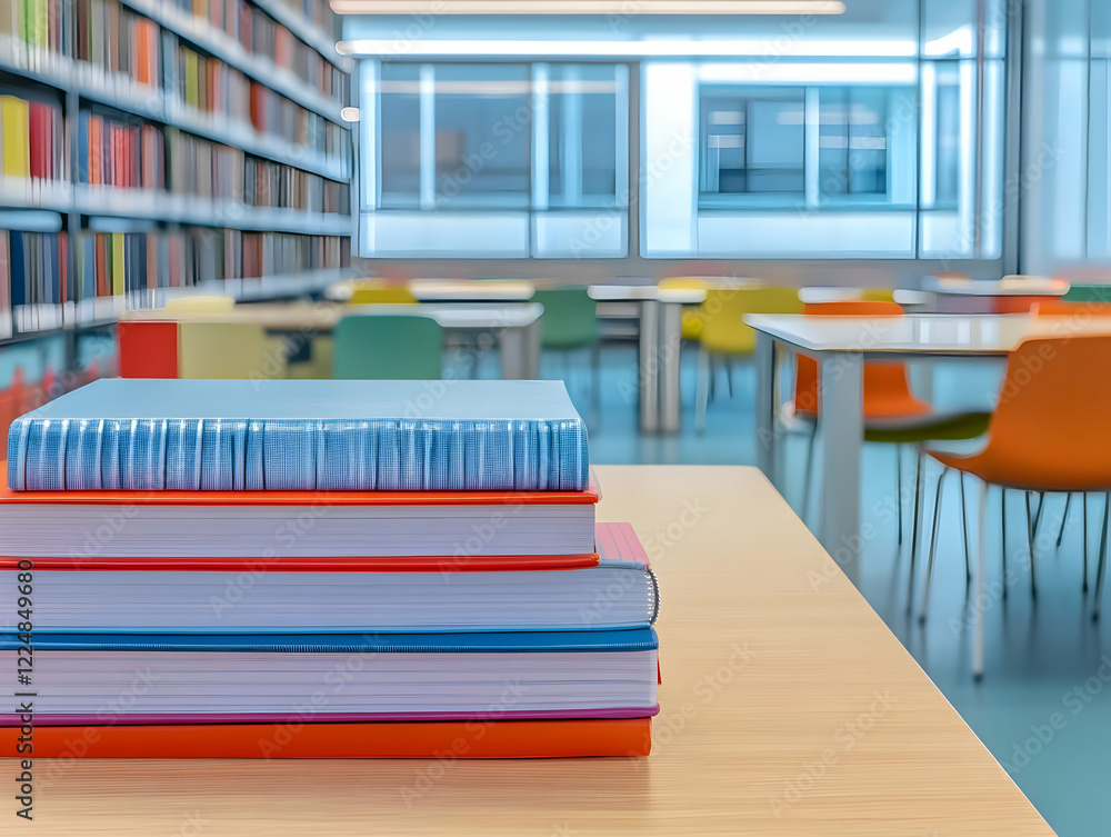 Poster stack of colorful books sits on table in modern library setting with bookshelves and study area