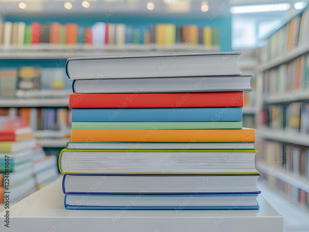 Poster stack of colorful books sits on table in blurry library background quietly