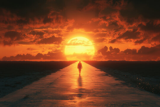 Silhouetted figure walking towards a massive glowing sun on an endless road.