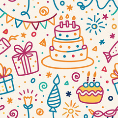 Colorful hand-drawn birthday party seamless pattern with cake, gifts, and confetti.