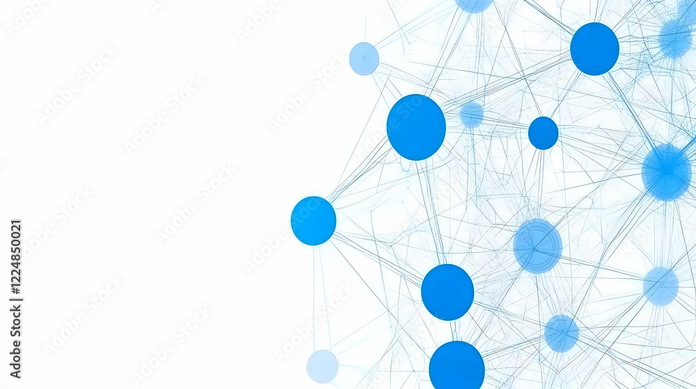 Poster blue circles connect with intertwined lines on a white background in an abstract digital illustratio