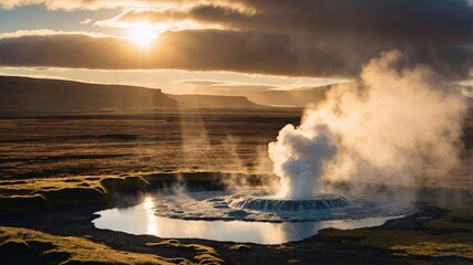 Fototapeta premium Breathtaking geothermal activity at sunset in Iceland showcasing steam rising amidst picturesque plains and distant mountains