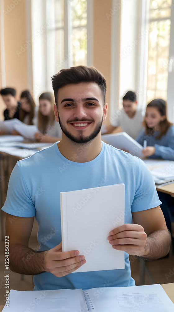 Aufkleber smiling student holds a blank book in classroom with classmates studying behind
