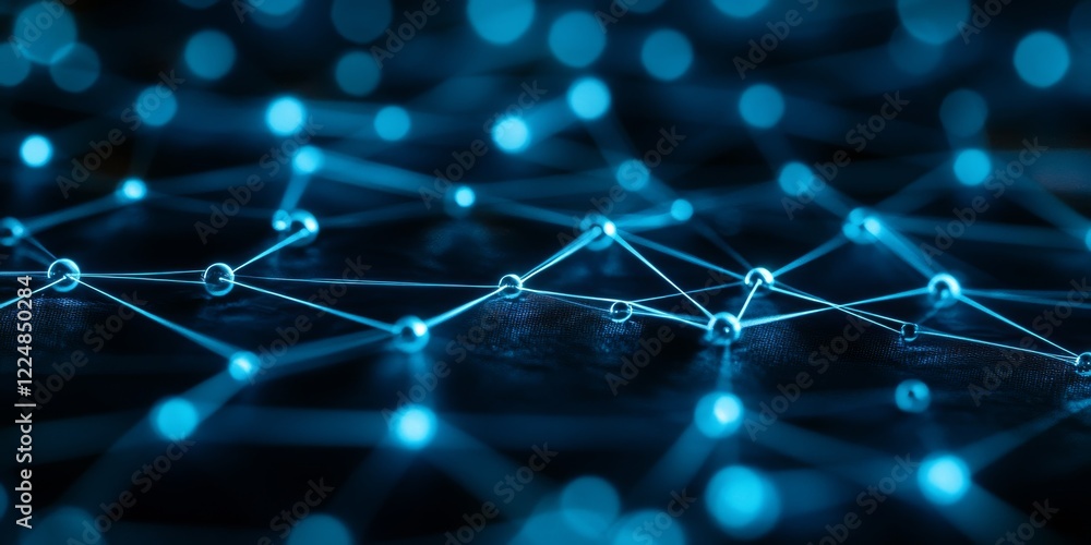 Poster abstract neon blue network interconnected nodes and glowing lines on dark background