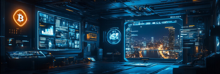 Obraz premium Futuristic control room: glowing screens display city view and cryptocurrency data.