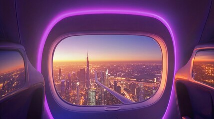 Fototapeta premium Golden and purple hues blend across the sky as night approaches, illuminating the city below from an airplane window. The skyline glows with lights, creating a captivating backdrop for travelers