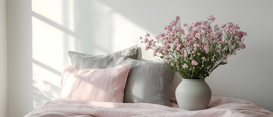 Pink bedroom, flowers, sunlight, calm