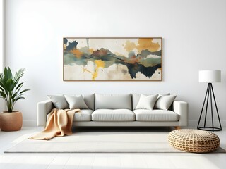 White living room with a sofa and abstract wall painting