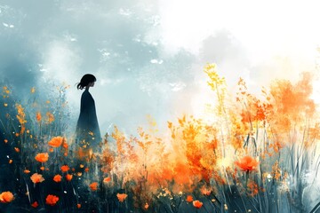 Young woman walking in a field of orange flowers under a cloudy sky