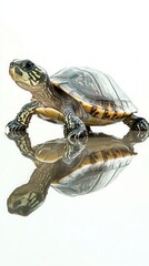Naklejka premium A turtle on a reflective surface with a detailed shell and a bright background