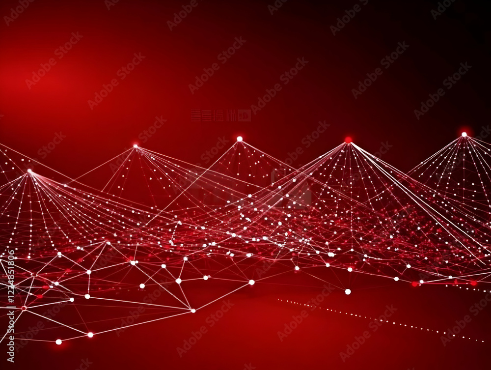 Poster abstract red background with interconnected nodes and lines forms a dynamic network visualization
