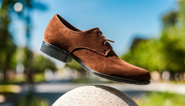 Stylish Brown Velour Shoe Balanced Gracefully on a Ball: Unique Fashion Display