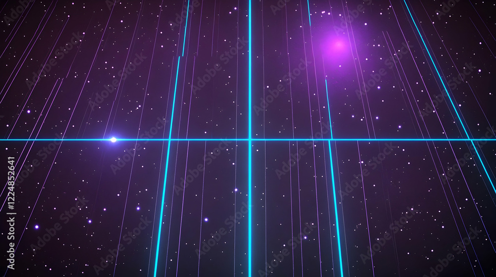Poster neon grid intersects with glowing lines in a starry cosmic backdrop creating a futuristic ambiance