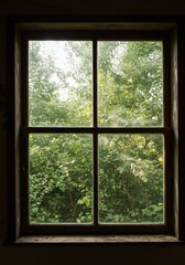 Nature view through rustic wooden window with lush greenery visible outside