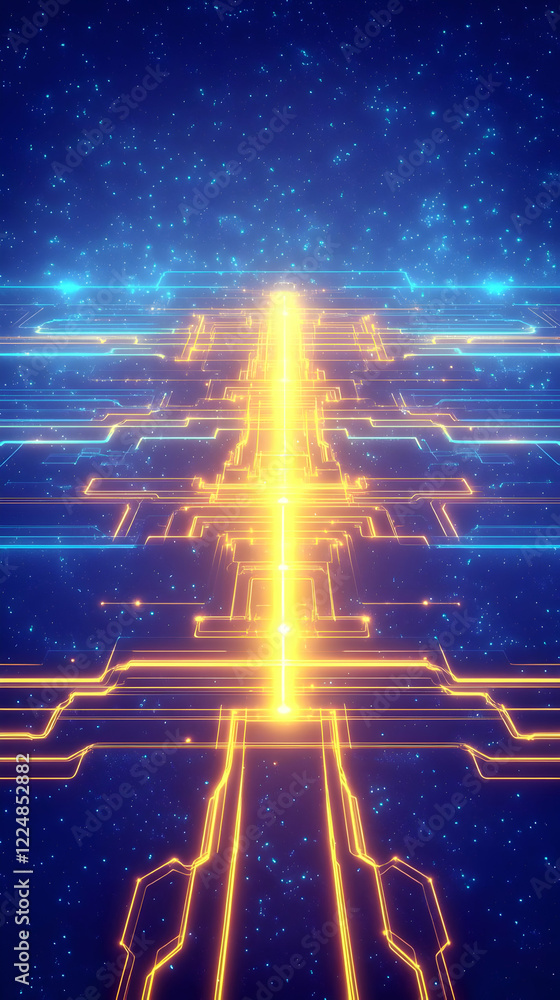 Poster abstract glowing lines form a circuit board-like pattern on a starry background, beautifully and int