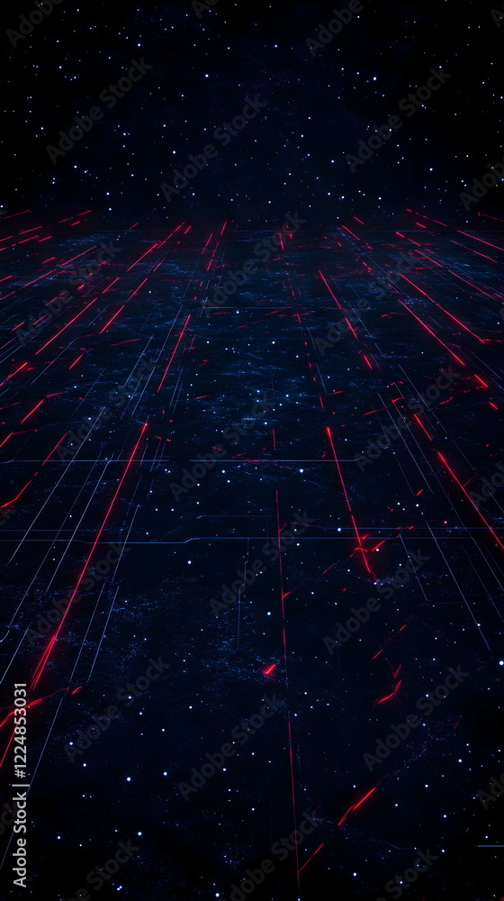 Poster abstract background shows red laser grid with stars in dark space, futuristic and digital