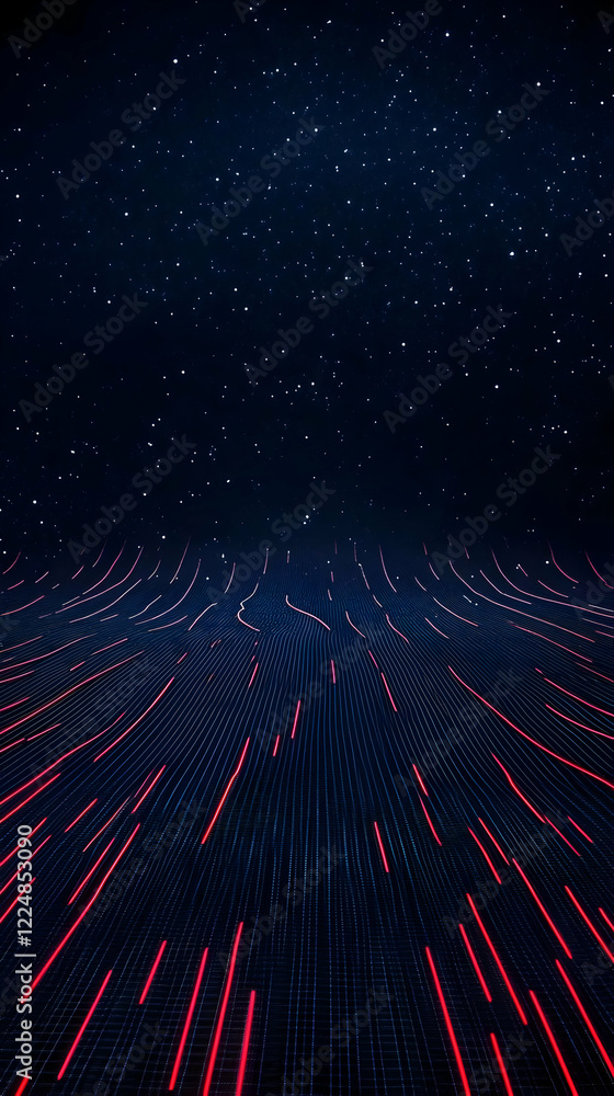 Poster red streaks of light flow across a dark grid under a starry sky, creating a futuristic landscape.