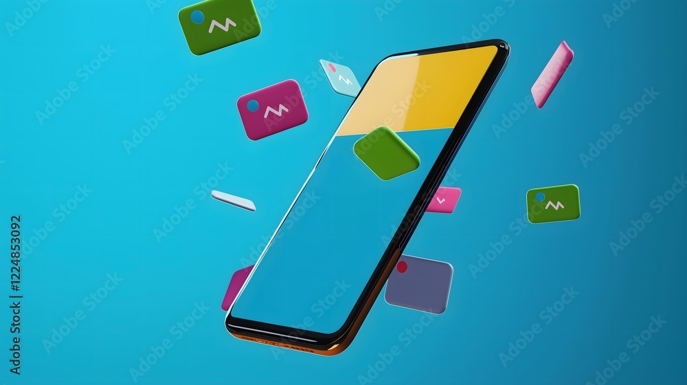 Poster creative mobile phone interface design with floating colorful message elements and dynamic applicati