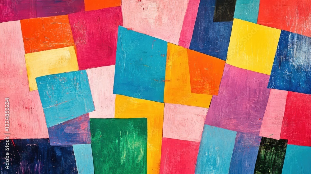 Poster a vibrant composition of overlapping colorful squares creating a dynamic abstract background with bo