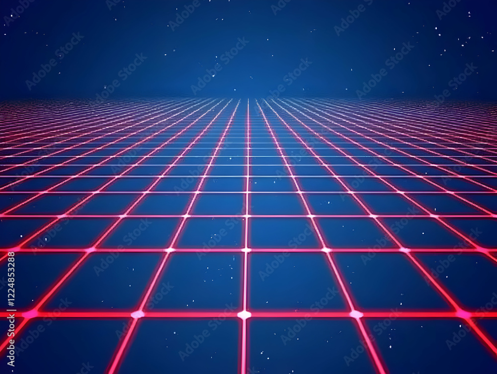 Poster retro neon grid floor stretches into a deep blue background with subtle particles.