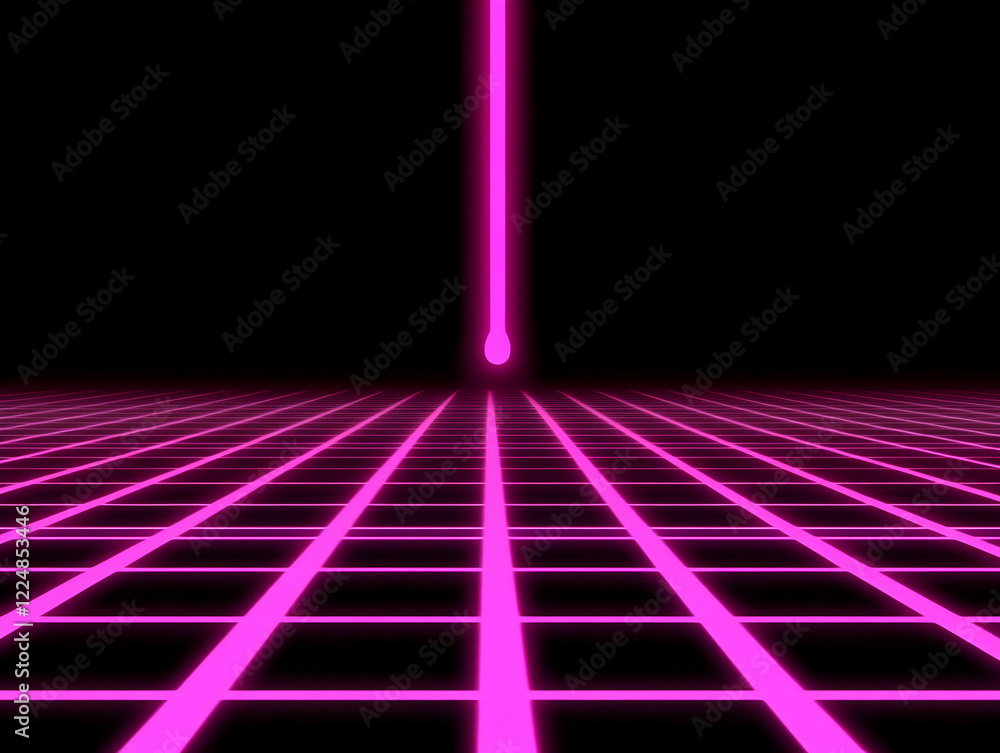 Poster pink neon light beam illuminates retro grid background futuristically and dynamically