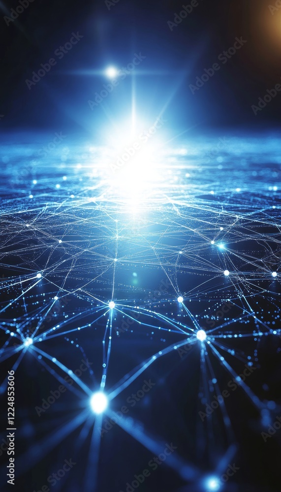 Poster global network connections, abstract blue background with a network of bright nodes and lines