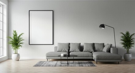 Modern minimalist living room with gray sofa and indoor plants