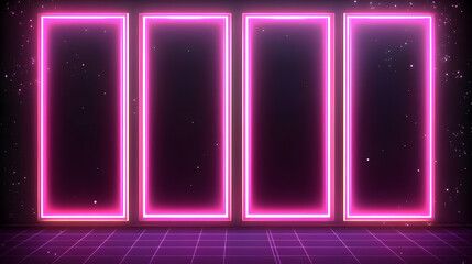 Obraz premium Four Vertical Pink Neon Frames on a Dark Background with a Grid Floor and Particles