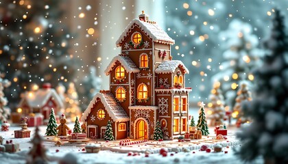 Obraz premium Magical Illuminated Gingerbread House Winter Scene