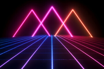 Fototapeta premium Neon Triangles Shine Brightly on a Gridded Surface in a Dark Background.