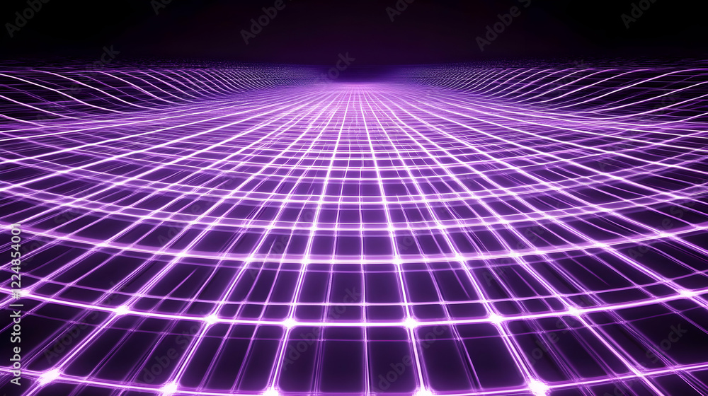 Poster purple grid creates a digital landscape with flowing lines and glowing intersections