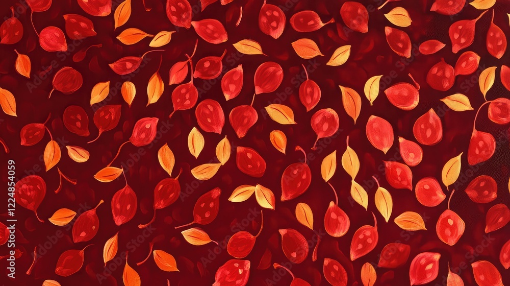 Poster vibrant red leaf pattern on dark background, capturing the essence of autumn with unique shapes and 