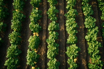 Fototapeta premium Rows of potato plants growing in a farm field