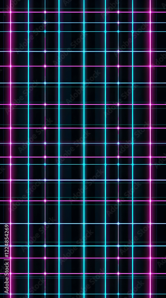Poster neon grid creates a vibrant, intersecting pattern with glowing lines and nodes, abstract background.