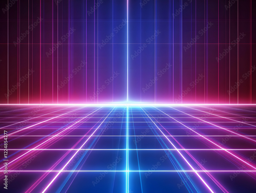 Poster abstract background with glowing grid and vertical lines creates a futuristic space.