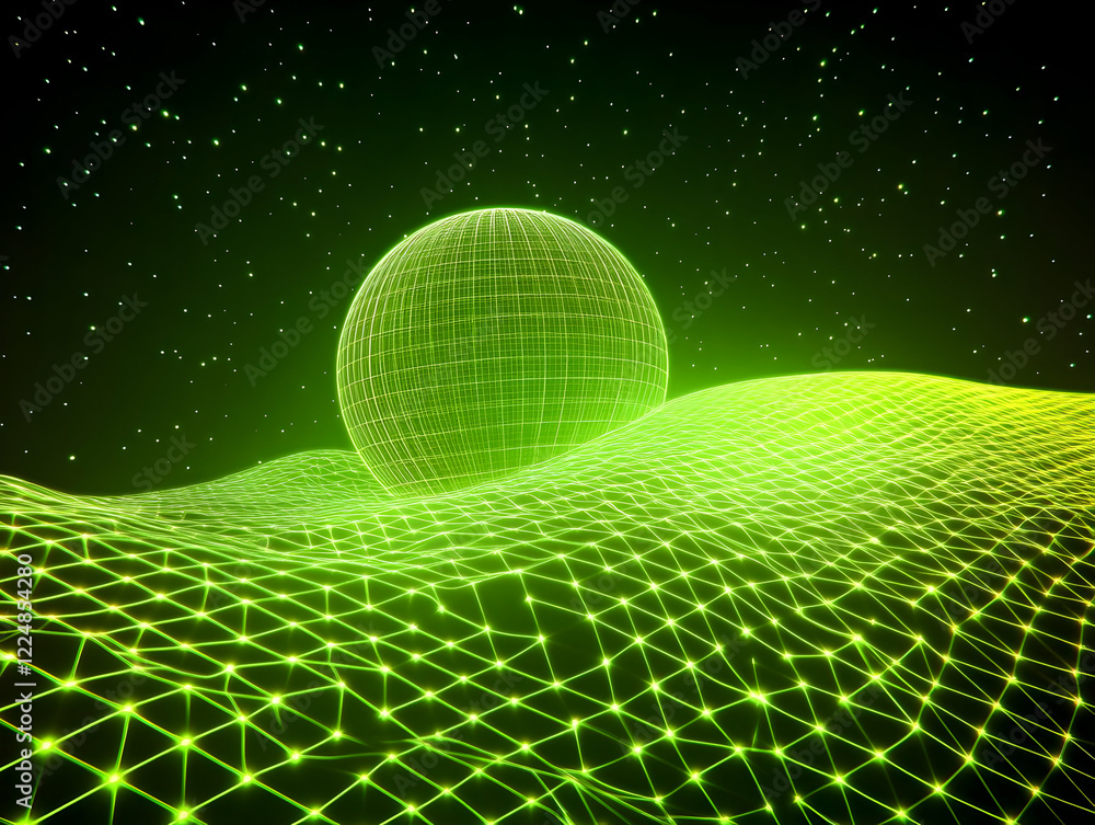 Wall mural green wireframe sphere floats above a glowing grid landscape with starry background.