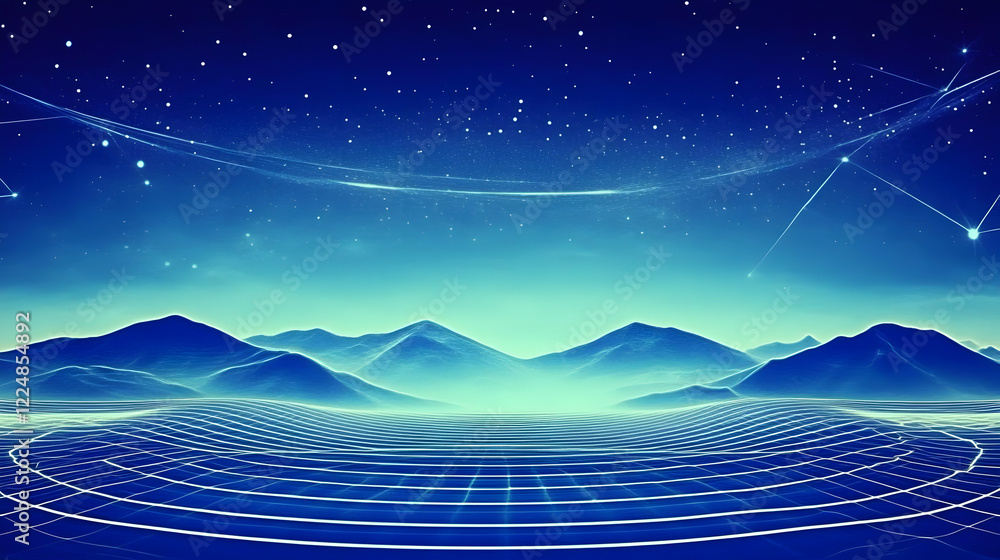 Poster abstract landscape forms a grid pattern with distant mountains under a starry night sky.