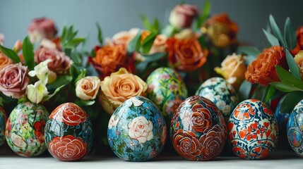 Intricately hand-painted Easter eggs with floral patterns arranged with vibrant fresh flowers creating a colorful festive display