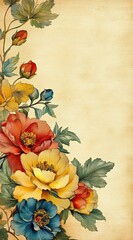Vintage floral border design with flowers, old paper background, antique style