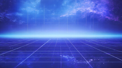 Obraz premium Abstract Background Shows a Grid Pattern Floor with a Blue Sky and Pink Nebula Above It