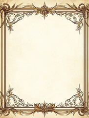 An ornate border with golden and bronze scrollwork and floral motifs framing a parchment-like background